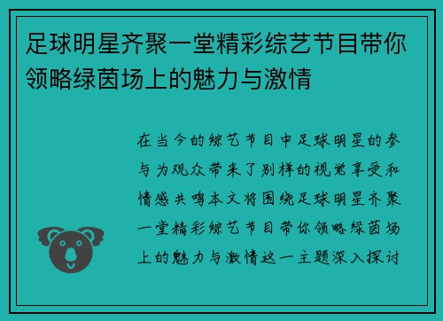 足球明星齐聚一堂精彩综艺节目带你领略绿茵场上的魅力与激情